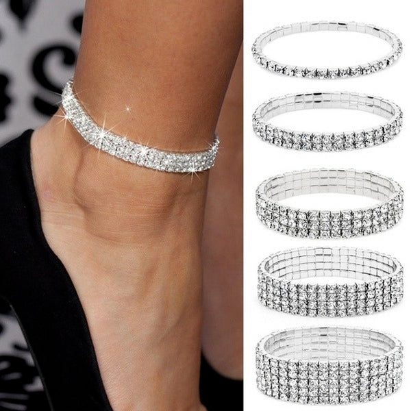Cadena de tobillo elástica multicapa de cristal plateado con diamantes para mujer sexy