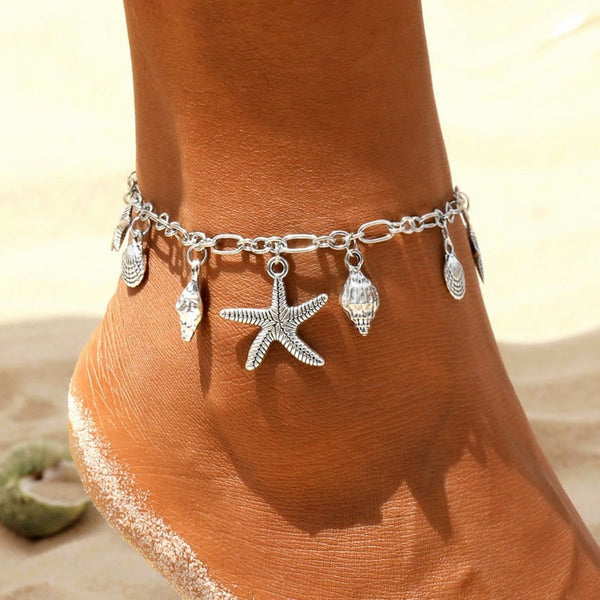Tobilleras vintage para mujer con colgante de concha y estrella de mar