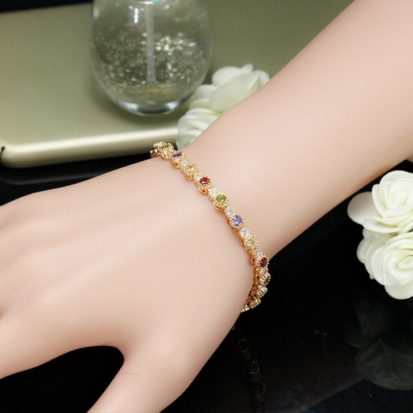 Fashion Ladies Milti Color Paved Connected Round Cubic Zirconia Rose Gold Color Bracelets