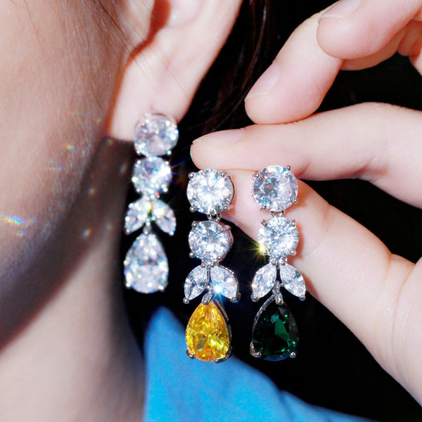 Shiny Yellow Cubic Zirconia Silver Color Long Dangle Water Drop Bridal Wedding Earrings