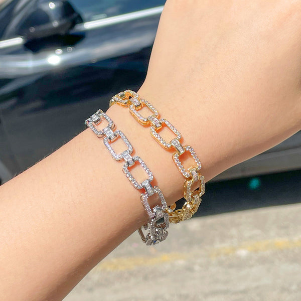 Cubic Zirconia Gold Plated Square Link Chain Tennis Bracelets