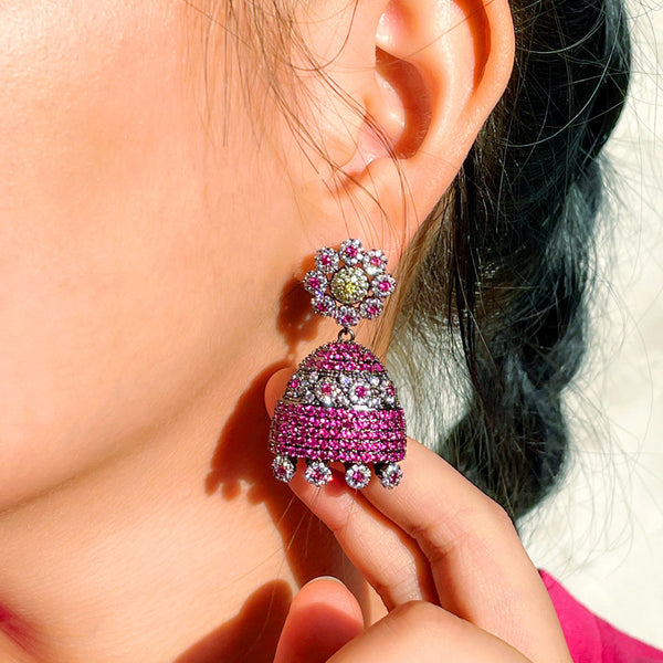 Super Rose Red CZ Stone Black Gold Big Flower Tassel Wind Chimes Dangle Earrings