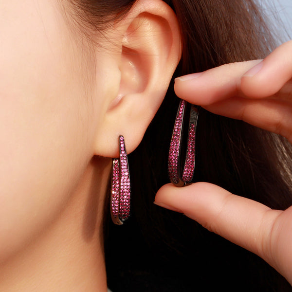 Fashion Fuchsia Cubic Zirconia Black Gold Long Circle Hoop Earrings for Women