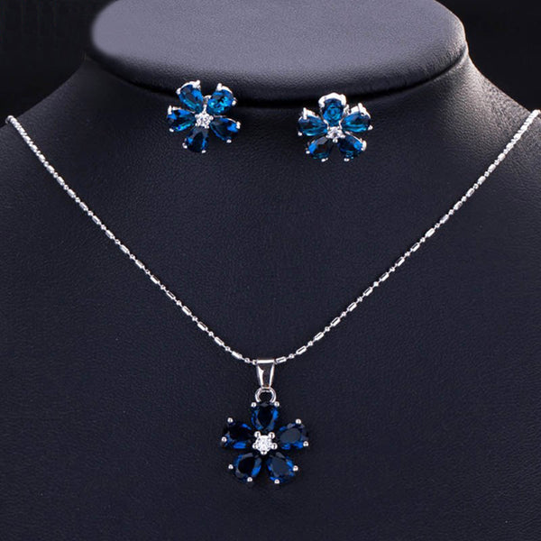 Ladies Silver Colour Blue CZ Crystal Cute Flower Pendant Necklace and Earrings Jewelry Sets