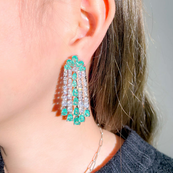Elegant Light Blue Cubic Zirconia Long Tassel Waterdrop Fringed Dangle Earrings