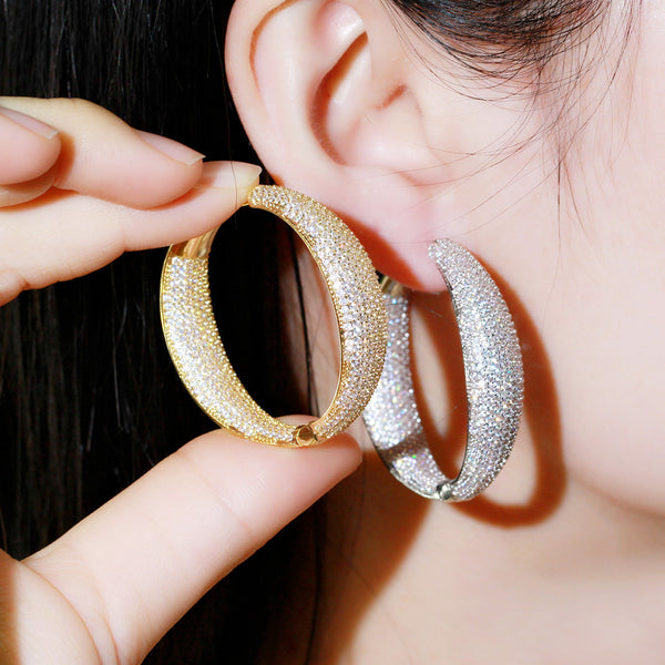 Full Shiny White Cubic Zirconia Paved Big Hoop Earring for Women