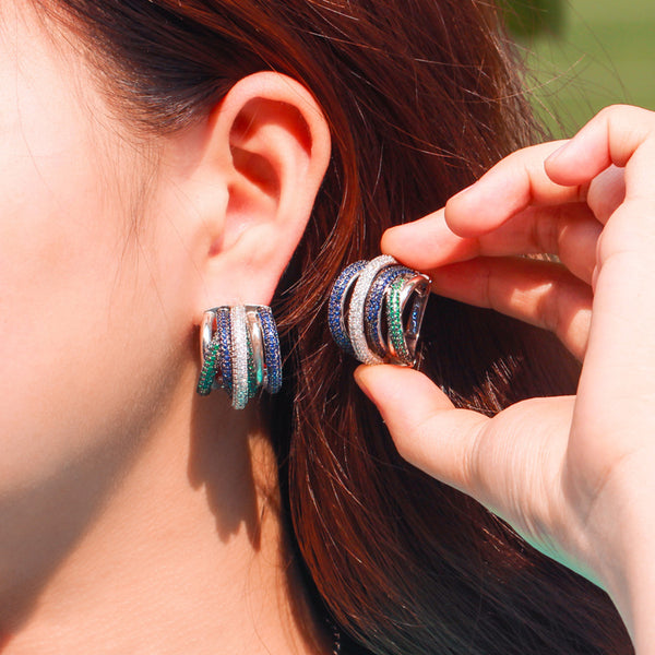 Colorful CZ Stone Paved Wedding Engagement Geometry Shape Hoop Clasp Earrings
