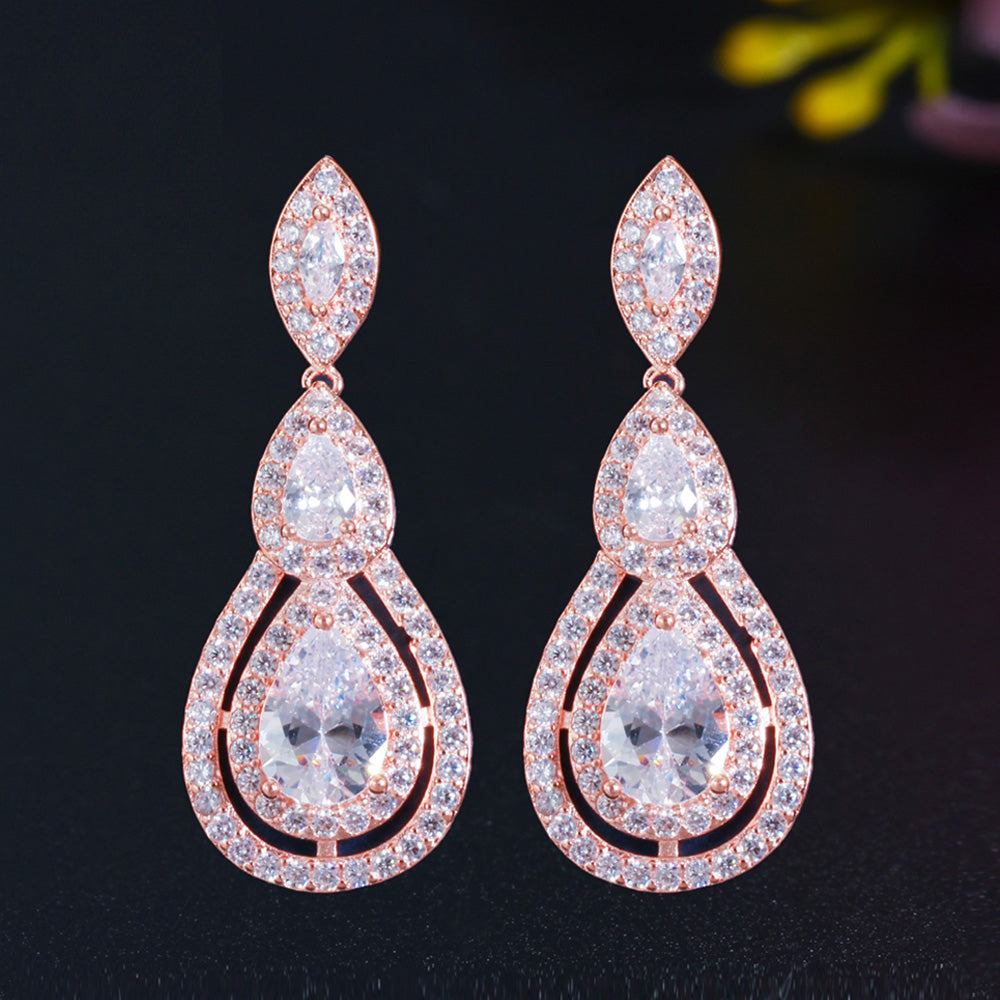 585 Rose Gold CZ Stone Dangle Big Water Drop Long Crystal Bridal Earrings