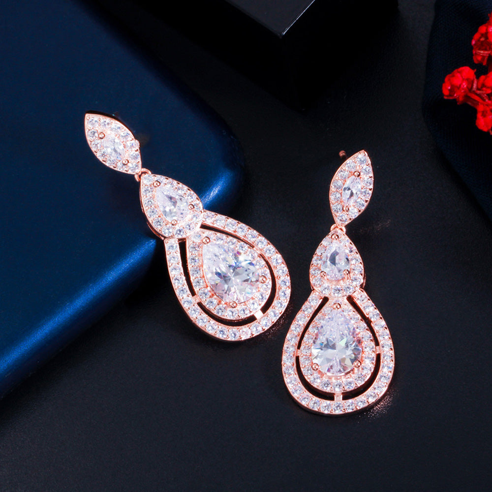 585 Rose Gold CZ Stone Dangle Big Water Drop Long Crystal Bridal Earrings