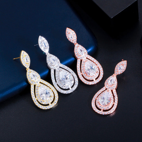 585 Rose Gold CZ Stone Dangle Big Water Drop Long Crystal Bridal Earrings