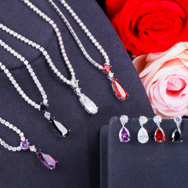 Mystic Black CZ Crystal Dangle Waterdrop Earrings and Necklace Jewelry Sets