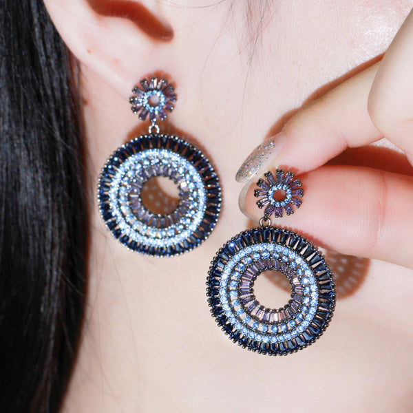 Trendy Purple Blue Baguette Cubic Zirconia Black Gold Big Dangle Circle Round Drop Earrings