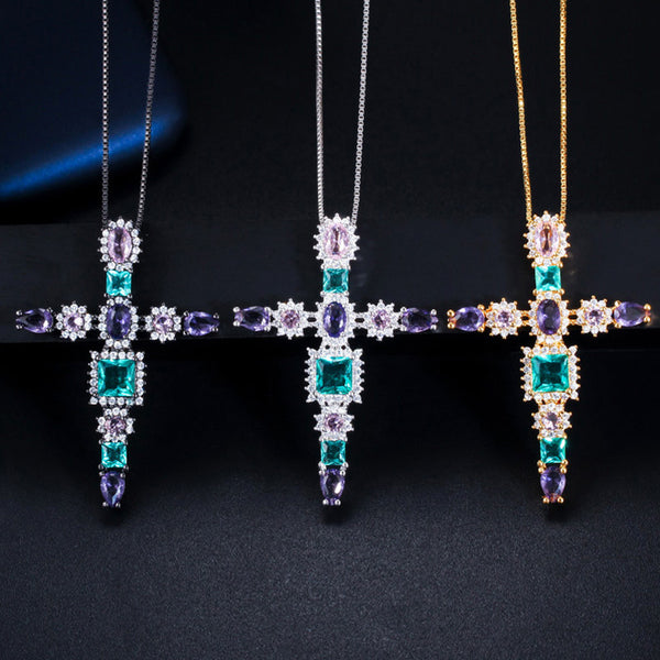 Fashion Colorful Purple Green Cubic Zircon Black Gold Big Cross Chain Women Pendants Necklaces