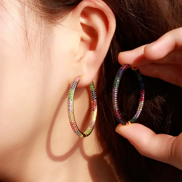 Micro Multicolor Cubic Zirconia Paved Big Circle Gold Color Hoop Earring