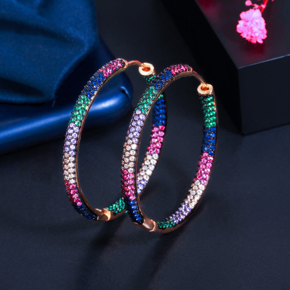 Micro Multicolor Cubic Zirconia Paved Big Circle Gold Color Hoop Earring
