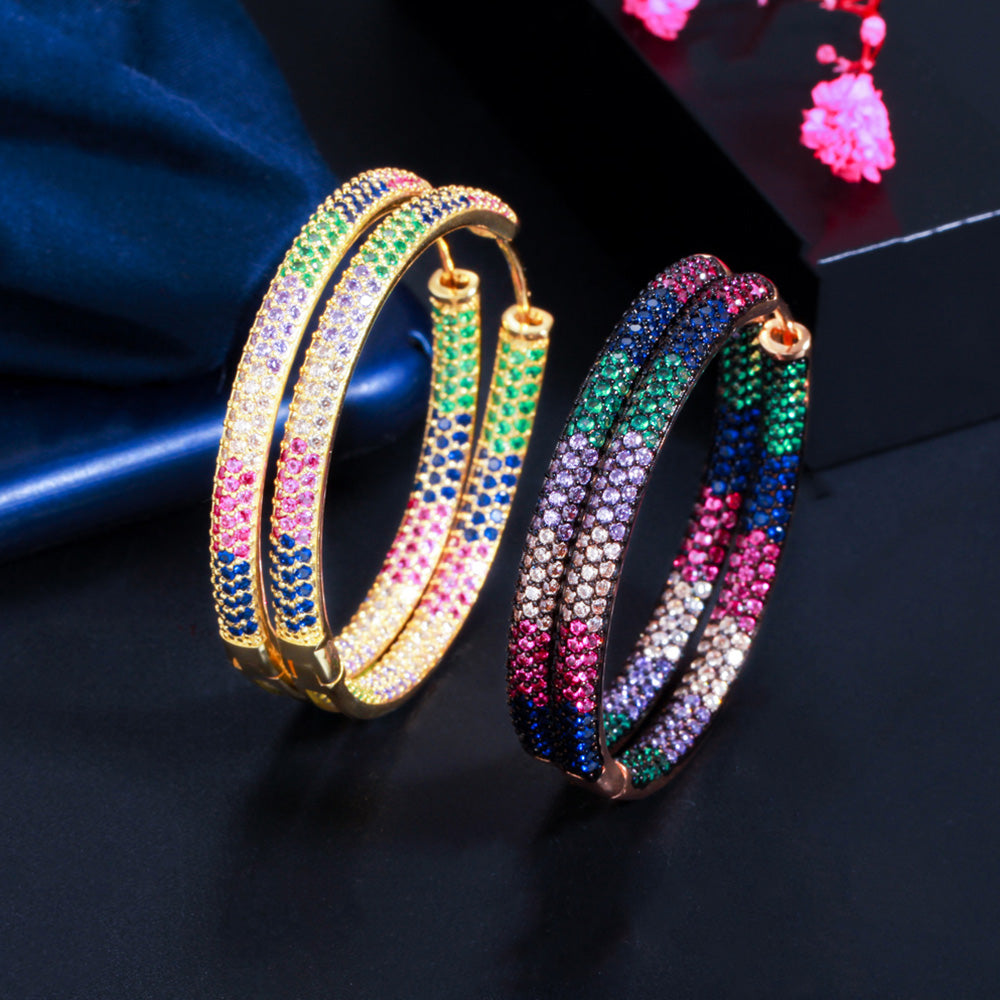 Micro Multicolor Cubic Zirconia Paved Big Circle Gold Color Hoop Earring