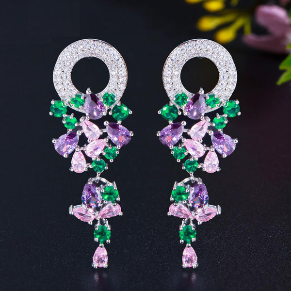 Big Circle Round Cubic Zirconia Long Colorful CZ Leaf Dangle Drop Earrings