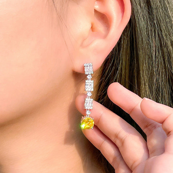 Bright Yellow Crystal Silver Color Long Dangle Square Shape Cubic Zirconia Drop Earring