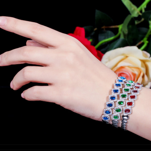 Fashion White Gold Color Open Cuff Red Blue Green Big Square Shape Cubic Zirconia Bangles