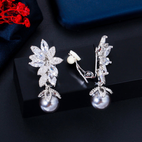 Symmetrical Long Dangle Leaf Pearl CZ Crystal No Hole Pierced Ear Clip on Earrings