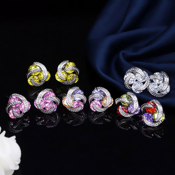 Geometric 3 Round Pink Yellow Purple Crystal Women Prom Party Stud Earrings