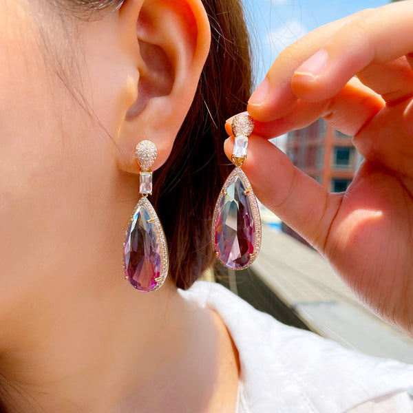Gradient Colorful CZ Crystal Light Gold Long Dangle Water Drop Earrings