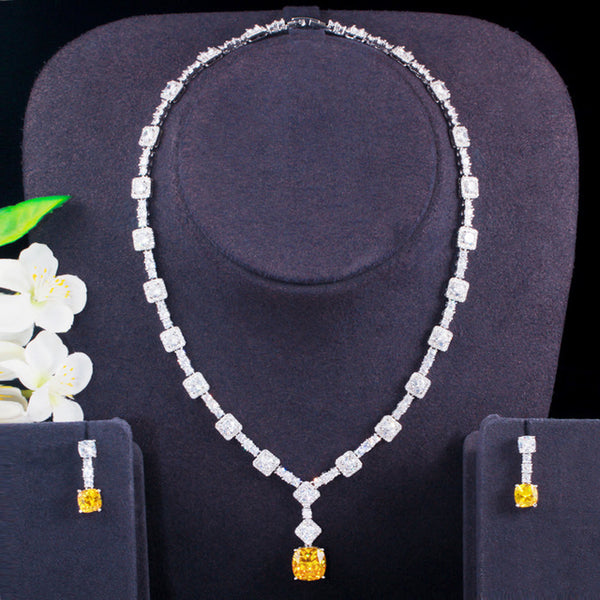 Shiny Yellow Cubic Zirconia Dangle Square Necklace Earrings Jewelry Sets