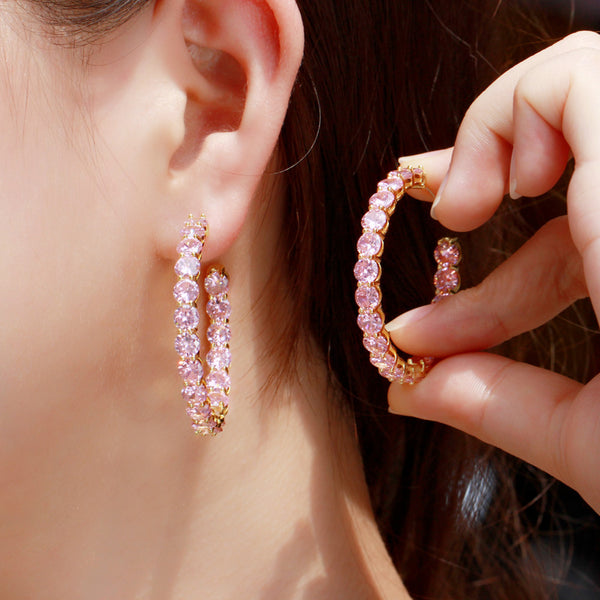 Pink Broken Ice Cubic Zirconia Gold Plated Large Round Crystal Hoop Earrings