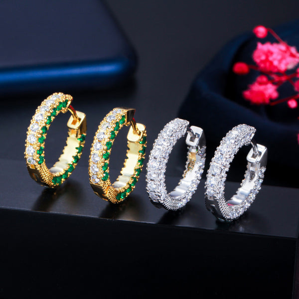 Design Green White CZ Gold Plated Crystal Small Circle Hoop Earrings