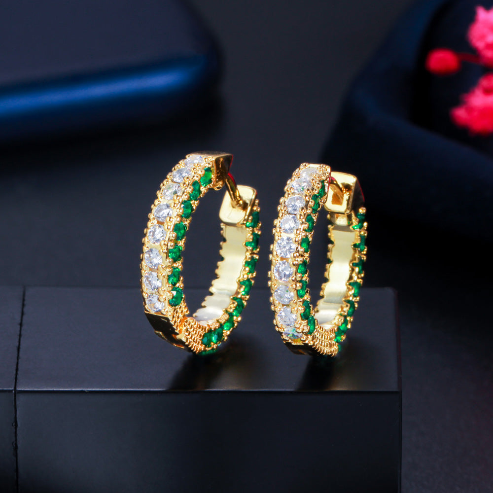 Design Green White CZ Gold Plated Crystal Small Circle Hoop Earrings