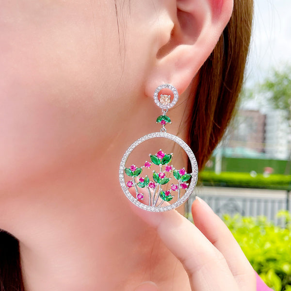 Colored Hollow Flower Cubic Zirconia Long Big Circle Pendant Drop Earrings