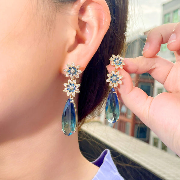 Blue CZ Sunflower Charm Long Big Water Drop Crystal Pendant Dangly Earrings