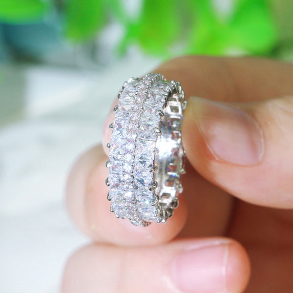 Classic Double Rows Princess Cut Cubic Zirconia Big Wide Round Finger Rings