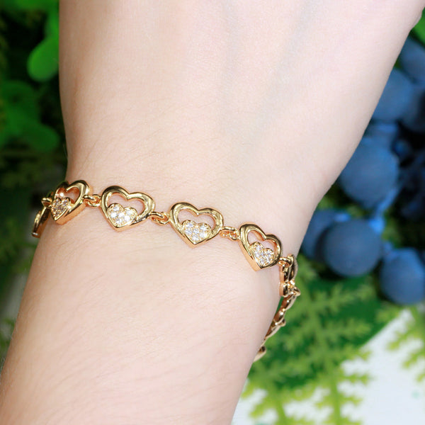 Romantic Shiny Cubic Zirconia 585 Gold Double Love Heart Tennis Bracelets
