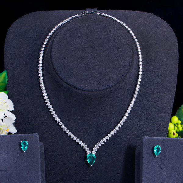 Sweet Fresh Style Green Cubic Zirconia Cute Waterdrop Pendant Necklace Earrings Sets