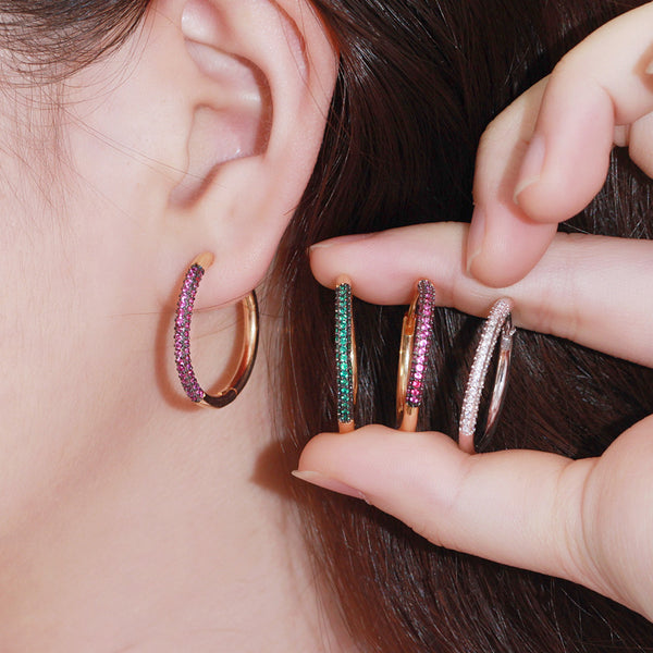 Micro Full Green Red White CZ Stone Pave Cute Circles Hoop Party Earrings