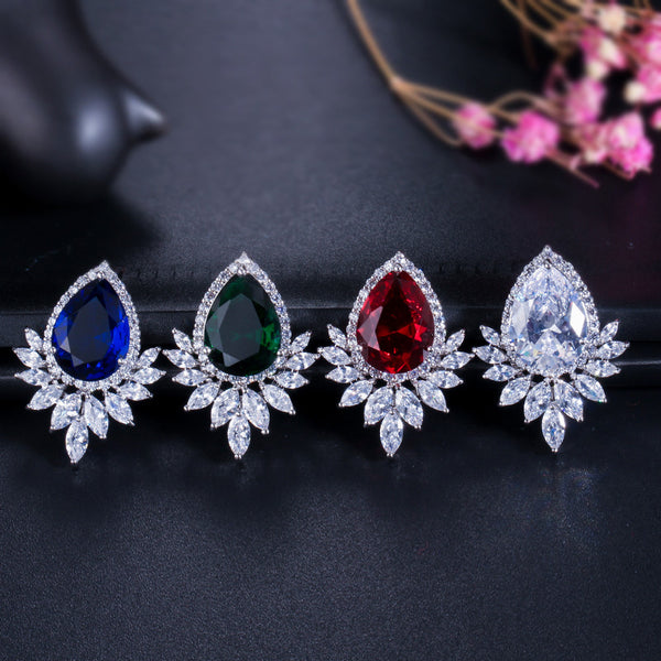 European Style Marquise Cubic Zirconia Stone Paved Setting Women Party Big Stud Blue Earrings