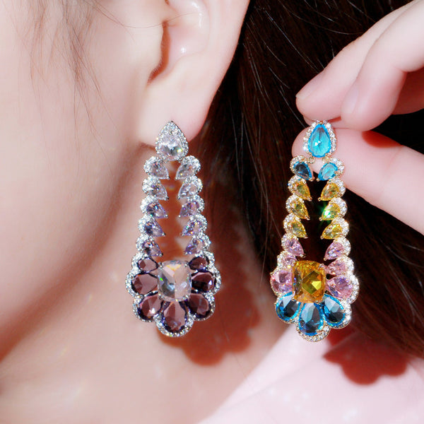 Rainbow Crystal Topaz Long 925 Silver Purple Amethyst Flower Drop Earrings
