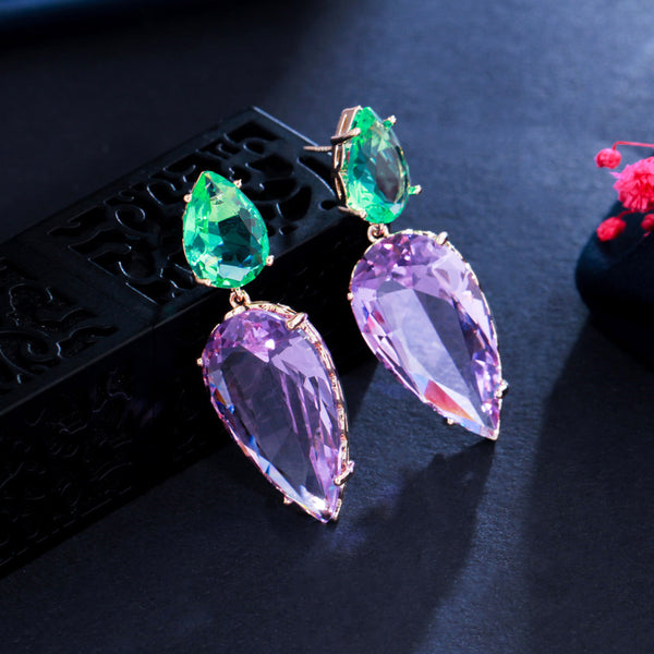 Adorable Purple Green CZ Crystal Radish Design Long Light Gold Drop Earring