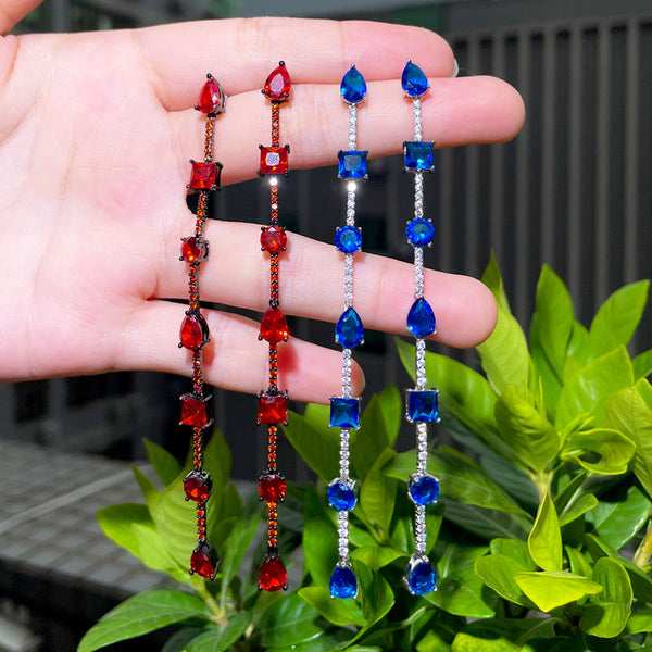 Royal Blue Cubic Zirconia Silver Color Geometry Shape Link Drop Long Line Earring