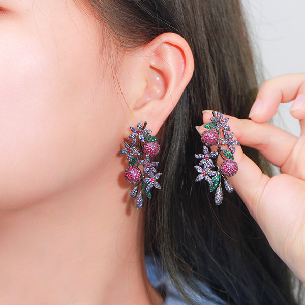 Mysterious Black Gold Purple Red Cubic Zirconia Flower Charm  Long Symmetrical Drop Earring