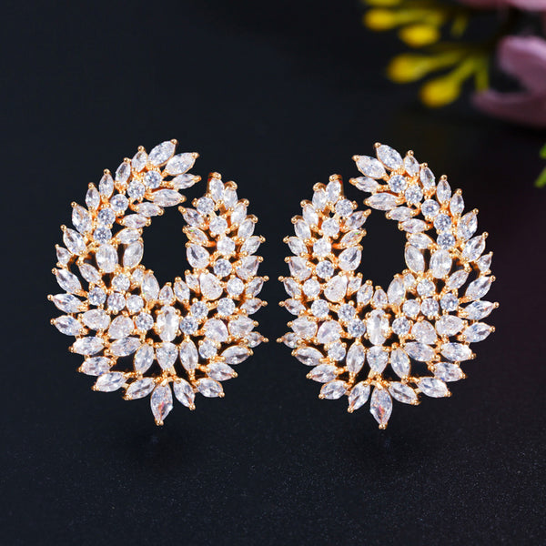 African CZ Yellow Gold Big Statement Leaf Shape Crystal Drop Earrings