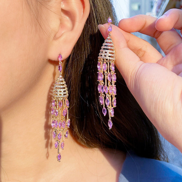 Temperament Purple Cubic Zirconia Light Gold Long Fringed Wind Chime Dangly Drop Earring