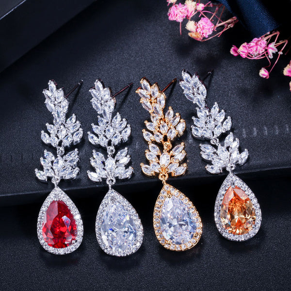 Luxury Gold Color Big Leaf Shape Cubic Zirconia Stone Pave Setting Long Drop Earrings
