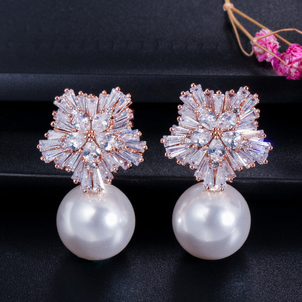 Luxury Rose Gold Color Big Flower Imitation Pearl Long Drop Earrings