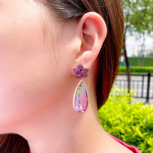 Perfect Gradient Colour Cubic Zirconia Red Flower  Long Water Drop Pendant Dangly Earrings