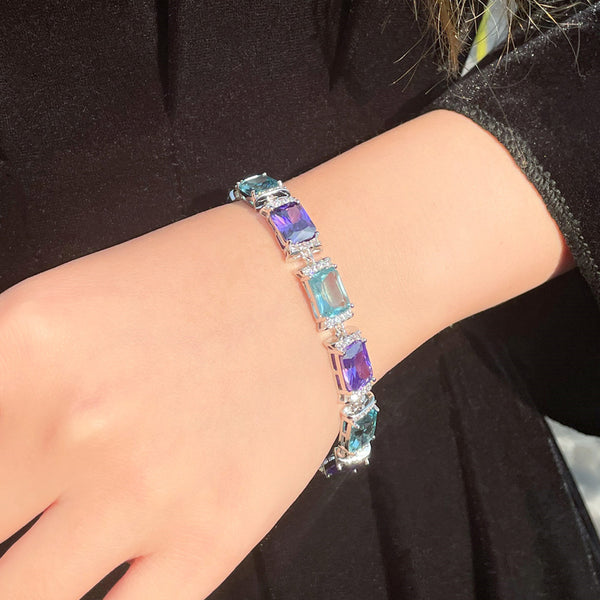 Classic Blue Purple Crystal Silver Color Square Cut CZ Link Chain Bracelets Bangles