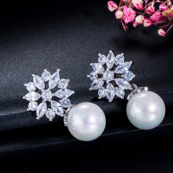 Romantic Women Party Jewelry Round Big Flower Pearl Drop Earrings