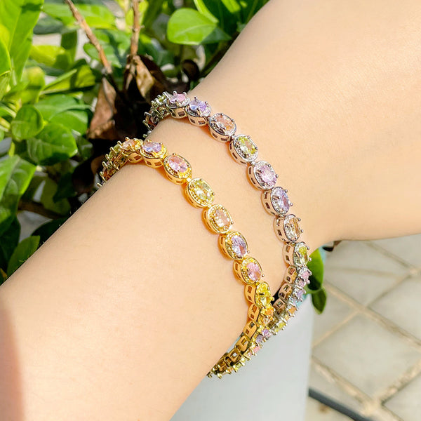 Colorful Crystal Gold Plated Oval Cubic Zirconia Chain Link Bracelets