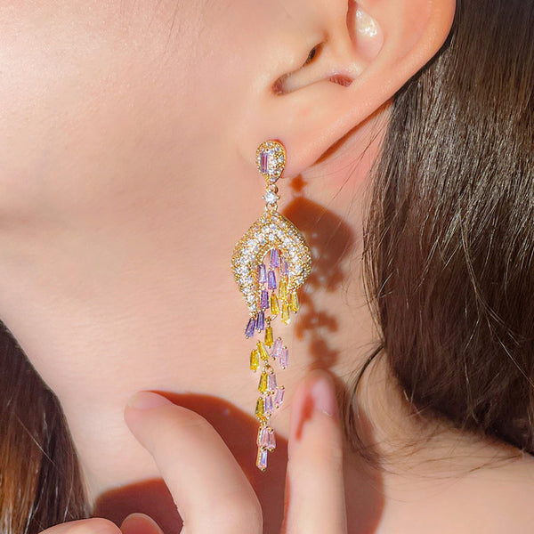 Gold Color Long Tassel Colorful Pink Baguette CZ Dangle Drop Earrings